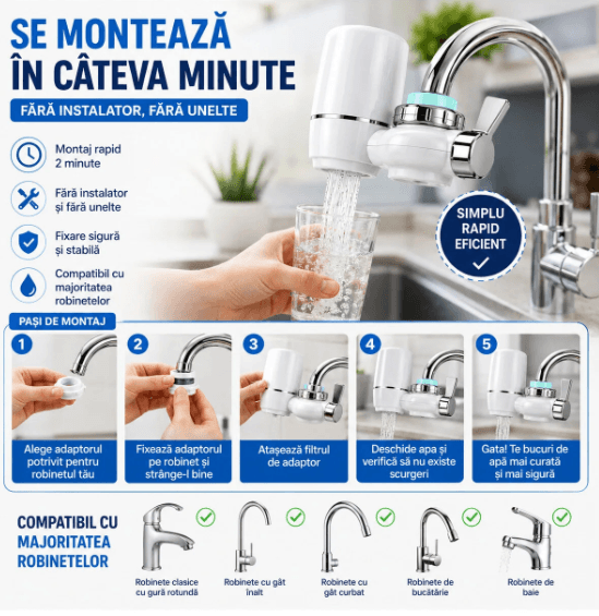 Se potrivește pe majoritatea robinetelor